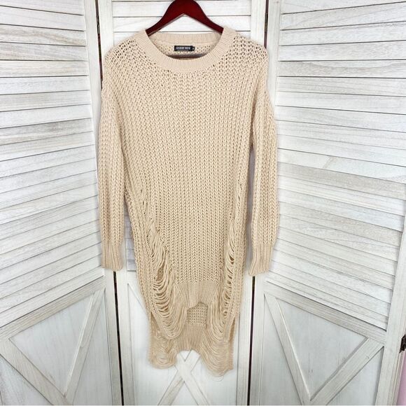 Fashion Nova Distressed Shredded Long Sweater Tan Medium Pullover - Picture 7 of 11